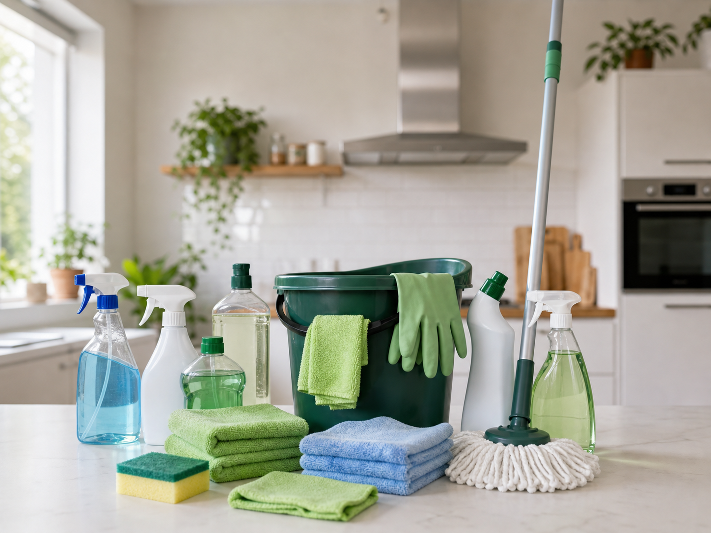 Schoonmaakmiddelen, doeken, sponsen, mop en sprays klaar voor een schoonmaakafspraak